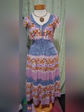 OVERDRIVE- Floral Tiered Midi Dress in Blue and Pink